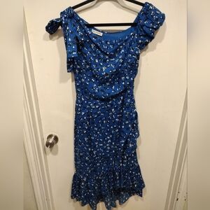 Ulla Johnson Cobalt Blue Floral One Shoulder Ruched Ruffle Hem Bodycon Dress-2